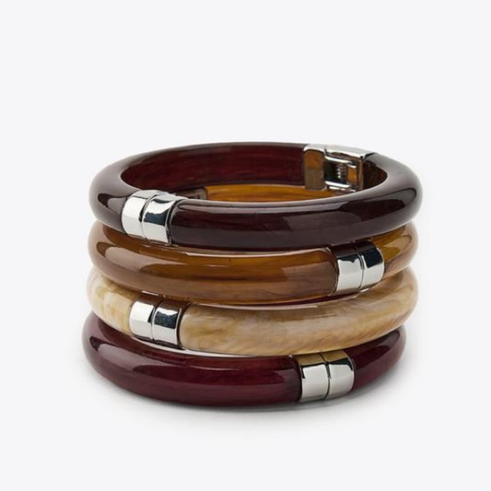 NWT. Zara Silver/Brown Pack of Four Rigid Bracelets.
